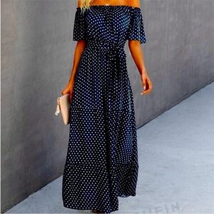 Navy Polka Dot Off-Shoulder Maxi Dress